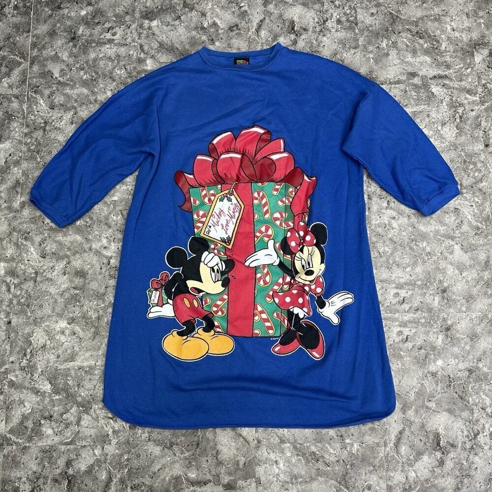 Vintage Disney Unlimited Mickey Mouse Christmas Long Night Shirt OSFA Blue Red